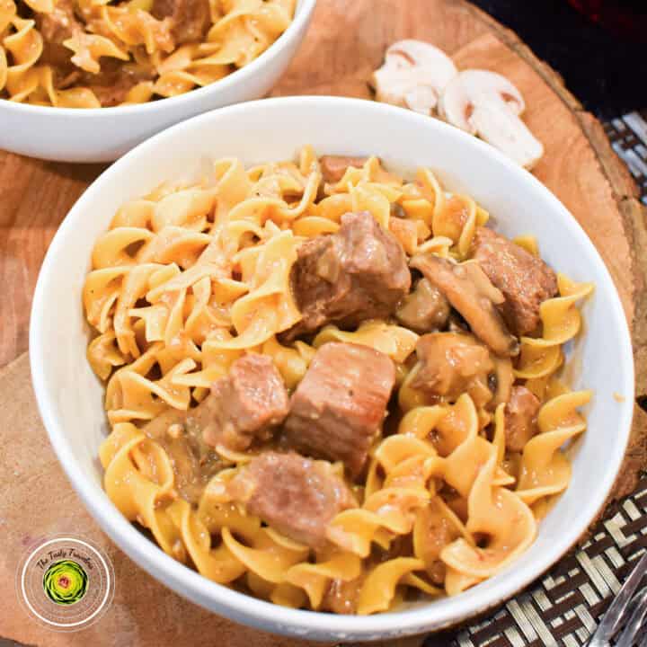 beef stroganoff in white bowl featured image
