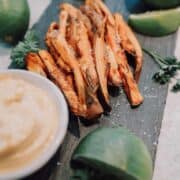 Ninja Foodi sweet potato fries, instant pot sweet potato fries, sweet potato fries, air fryer sweet potato fries, Ninja Foodi sweet potato, Ninja Foodi potato, sweet potato, side dish, potato, marshmallow, instant pot sweet potato, instant pot potato, Ninja Foodi recipe, Ninja Foodi side dish, instant pot side dish, cilantro,lime, aoili,