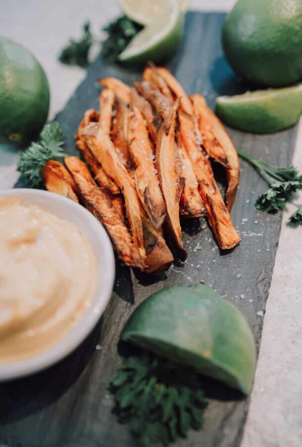 Vegan Sweet Potato Fries 7 (1 of 1) Ninja Foodi sweet potato fries, instant pot sweet potato fries, sweet potato fries, air fryer sweet potato fries, Ninja Foodi sweet potato, Ninja Foodi potato, sweet potato, side dish, potato, marshmallow, instant pot sweet potato, instant pot potato, Ninja Foodi recipe, Ninja Foodi side dish, instant pot side dish, cilantro,lime, aoili,