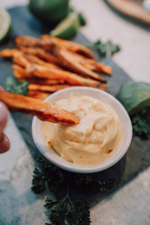 Ninja Foodi sweet potato fries, instant pot sweet potato fries, sweet potato fries, air fryer sweet potato fries, Ninja Foodi sweet potato, Ninja Foodi potato, sweet potato, side dish, potato, marshmallow, instant pot sweet potato, instant pot potato, Ninja Foodi recipe, Ninja Foodi side dish, instant pot side dish, cilantro,lime, aoili,