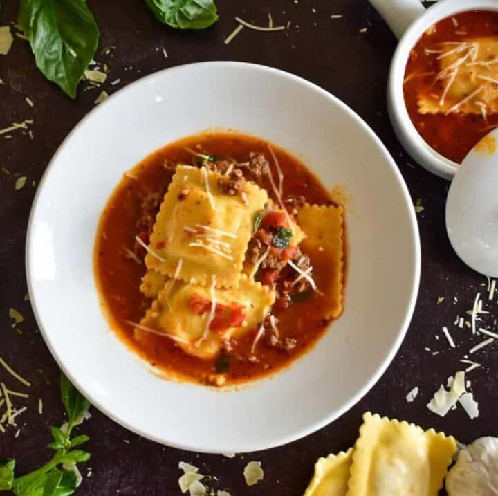 ravioli soup, instant pot, ninja foodi, ravioli, soup, italian, dinner, sausage, beef, pork