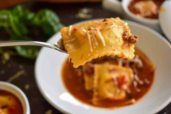 ravioli soup, instant pot, ninja foodi, ravioli, soup, italian, dinner, sausage, beef, pork