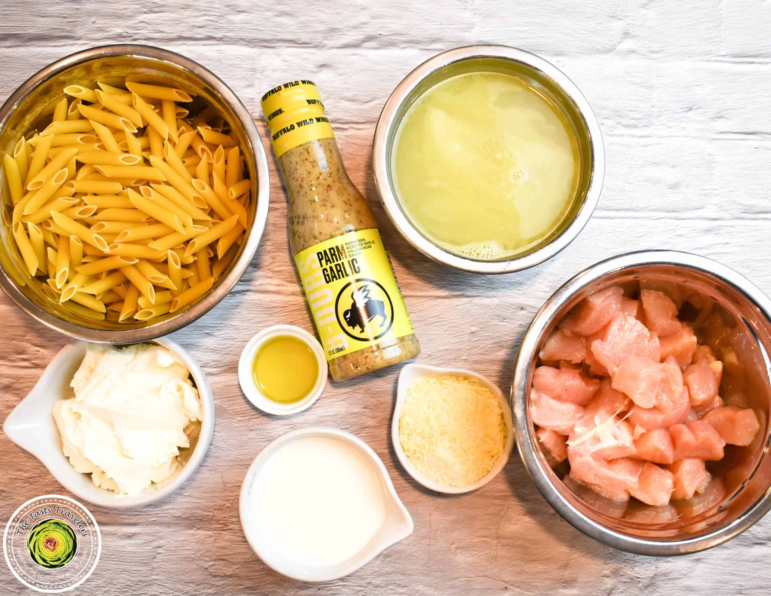 Instant Pot Parmesan Garlic Chicken Pasta ingredients flat lay