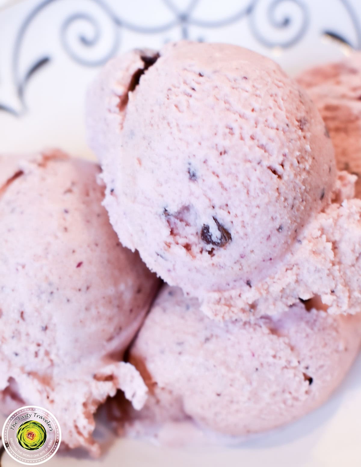 Scooped Ninja Creami black cherry chocolate chunk ice cream with visible chocolate chunks and cherry pieces