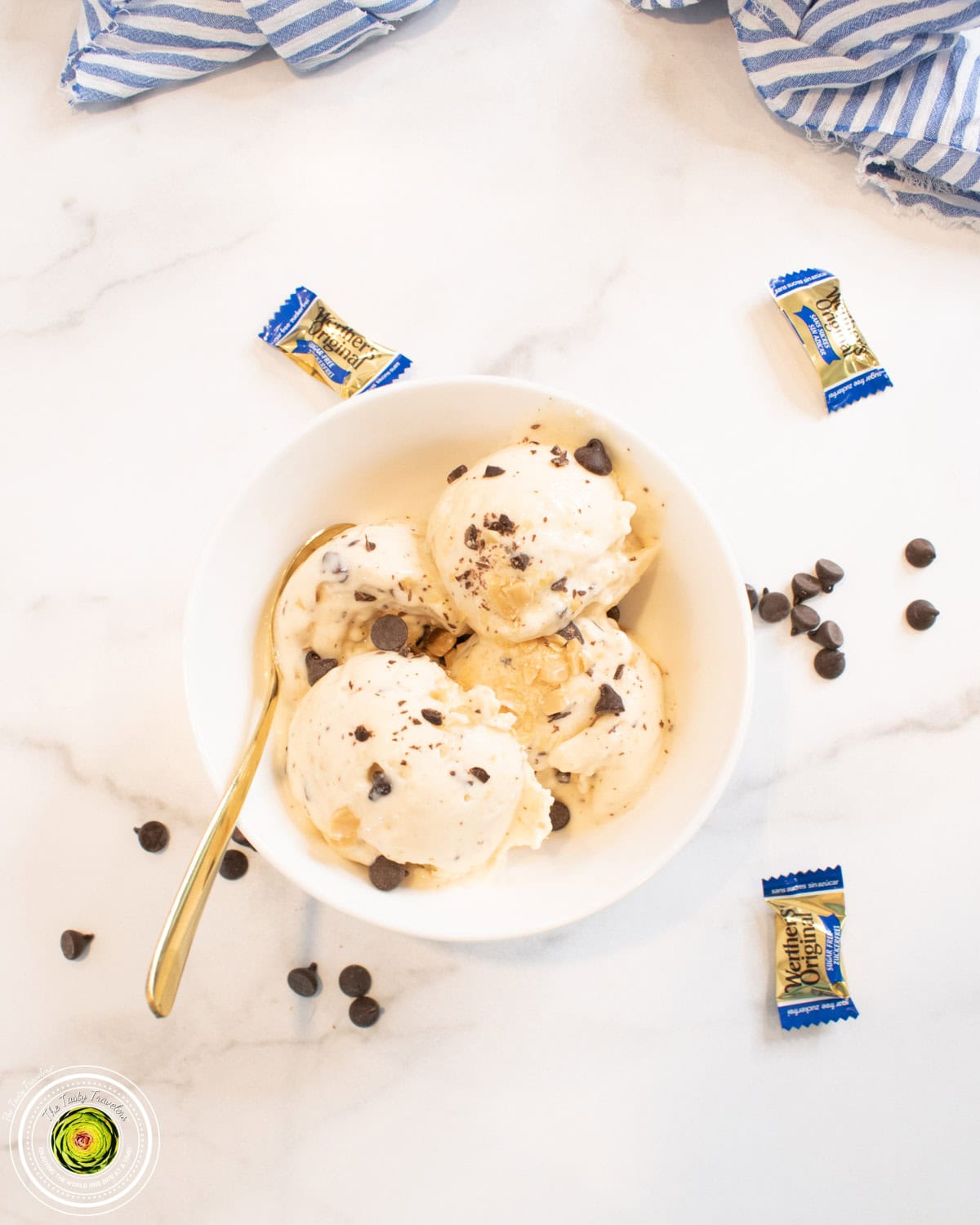 Scooped Ninja Creami caramel chocolate chip cheesecake protein ice cream with visible Werther's and chocolate chip pieces