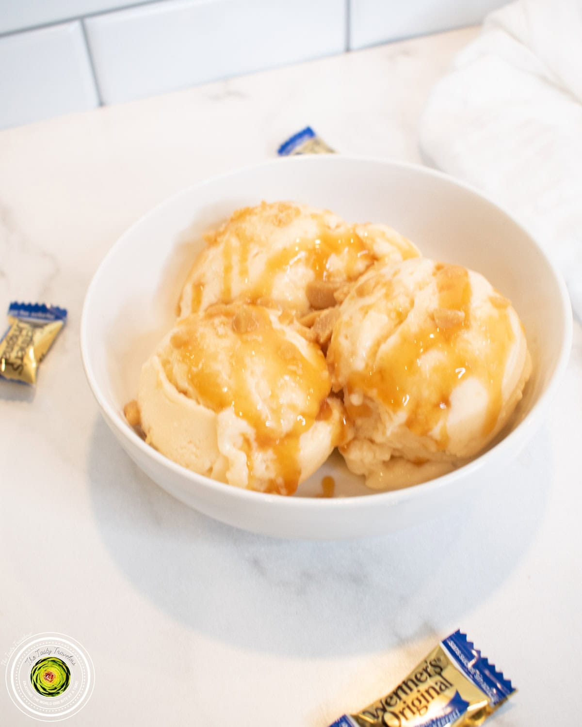 Scooped Ninja Creami caramel cookie supreme protein ice cream with visible sugar cookie dough chunks