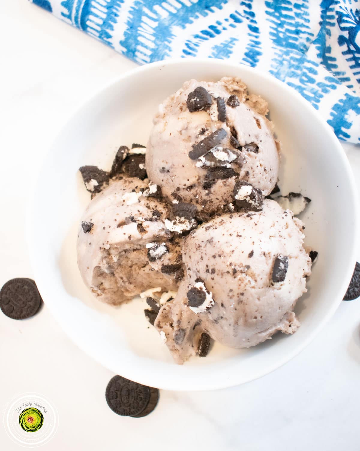 Ninja Creami Cookies and Cream Protein Ice Cream in pint container showing vanilla base with Oreo pieces throughout