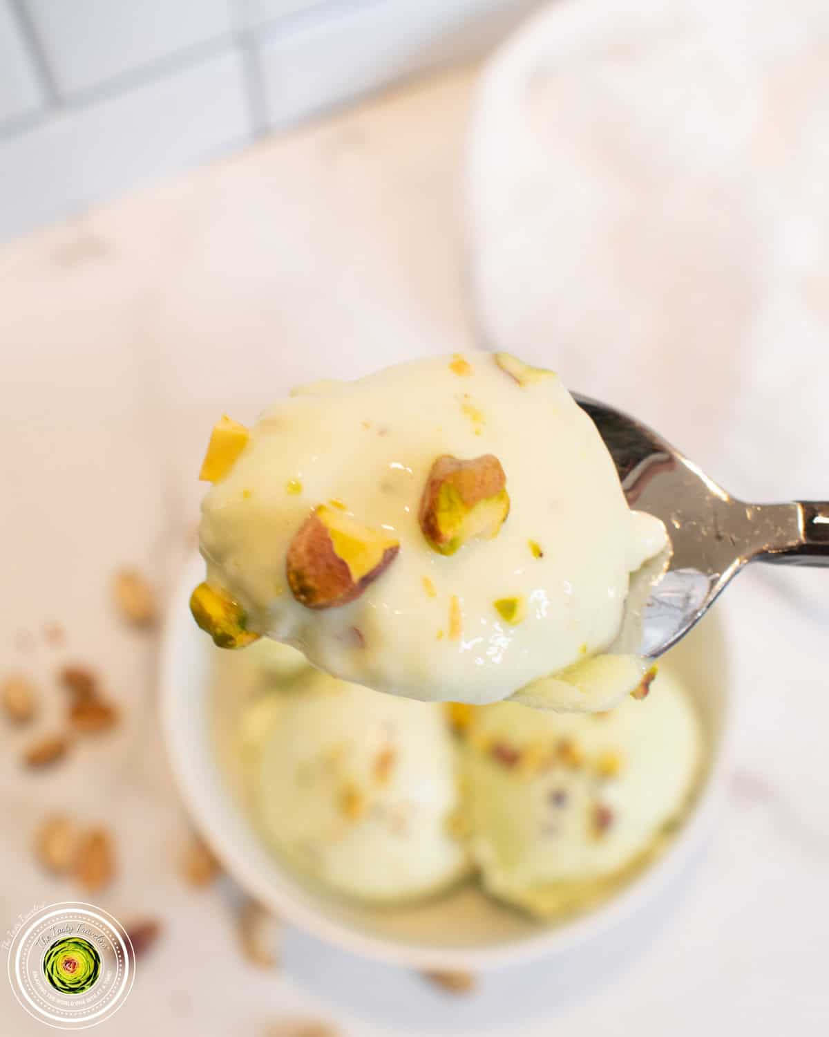 Pistachio Protein Ice Cream on a spoon