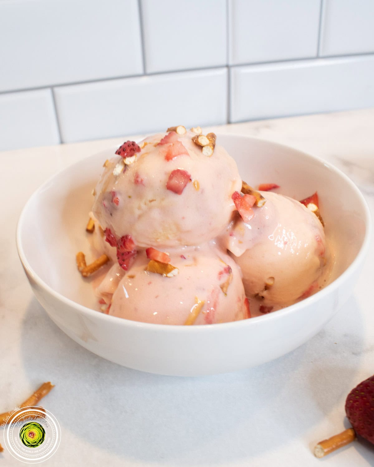 Scooped Ninja Creami strawberry pretzel pie protein ice cream with visible strawberries and pretzel pieces