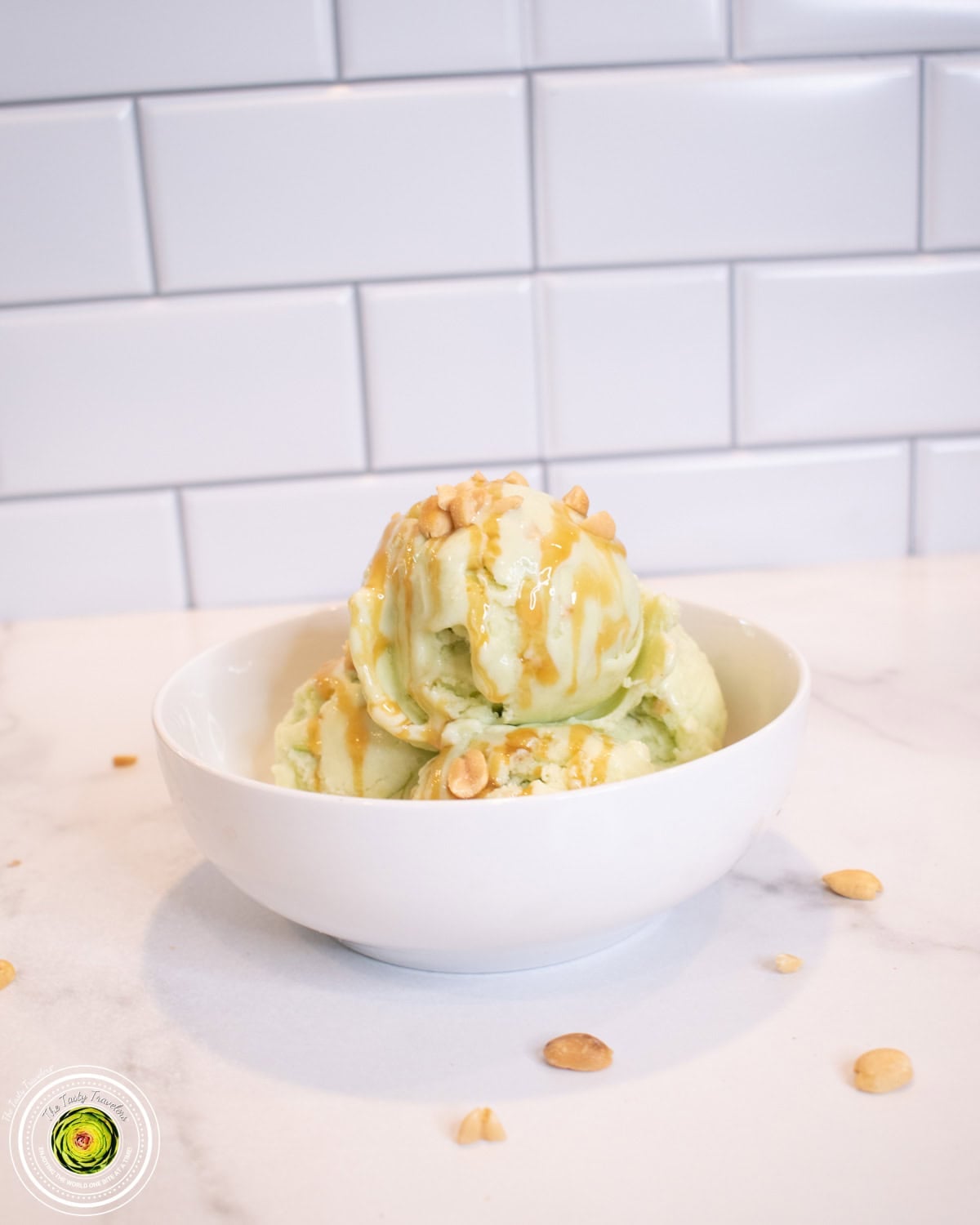 Scooped Ninja Creami taffy apple protein ice cream with visible peanut and green apple pieces