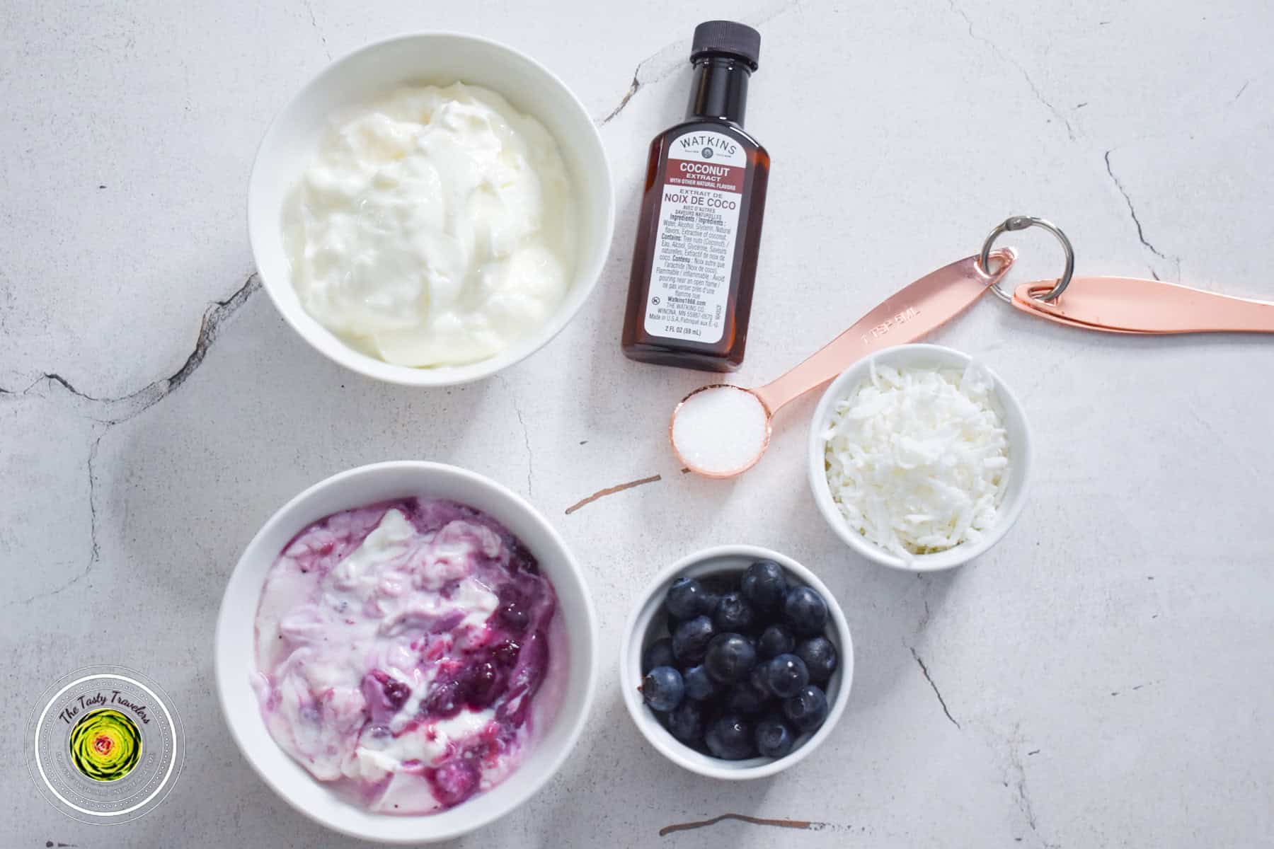 Ninja Creami Blueberry Coconut Frozen Yogurt ingredients flat lay