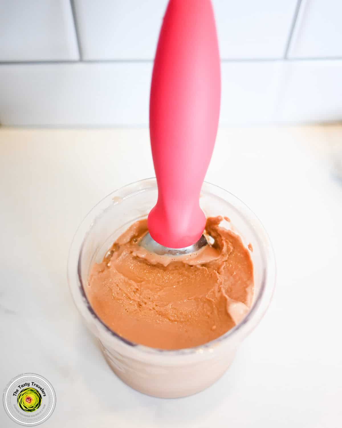Scooped Ninja Creami low calorie chocolate frozen yogurt with creamy texture