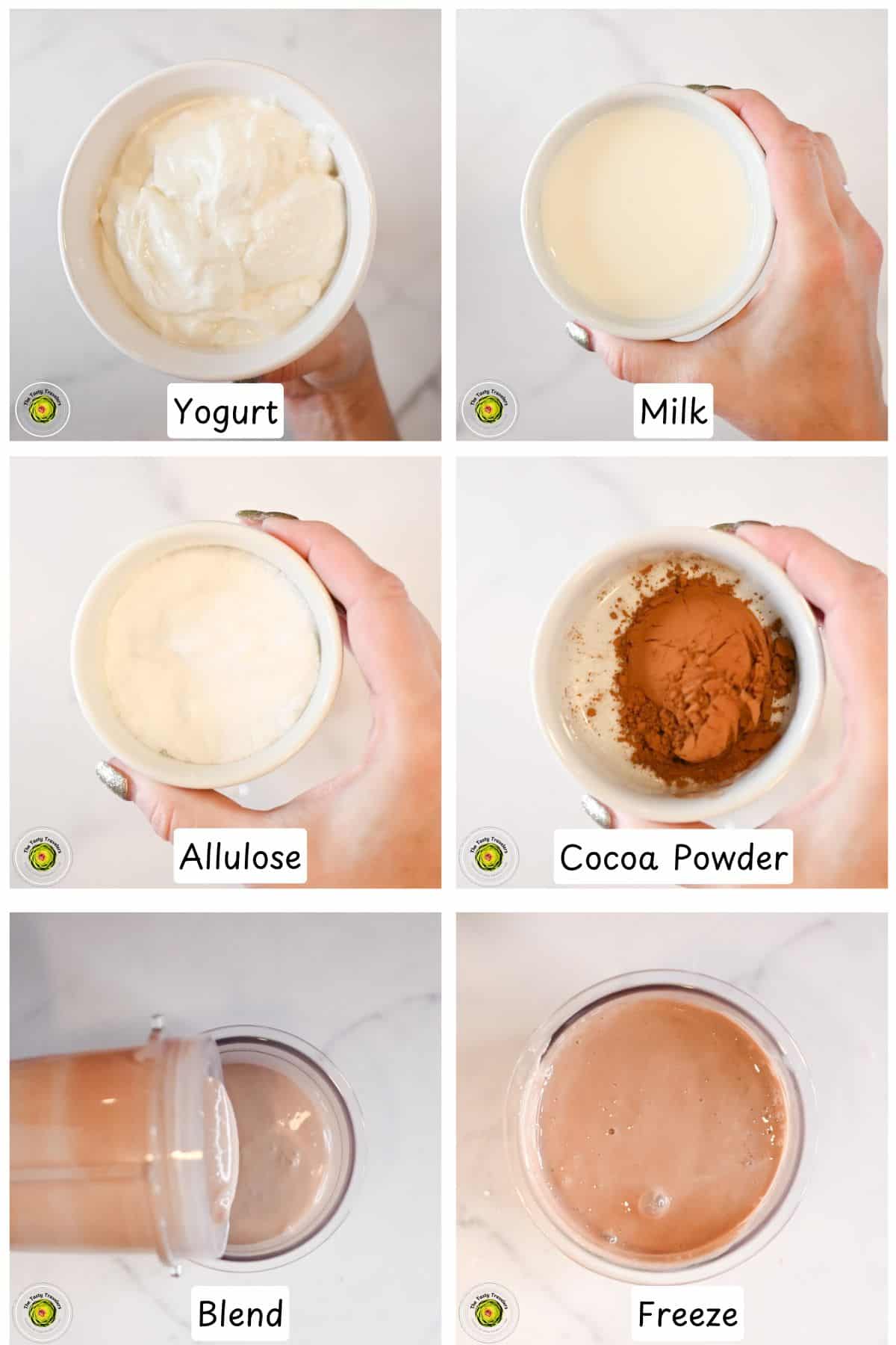 Step by step process for making the Ninja Creami low calorie chocolate frozen yogurt mixture