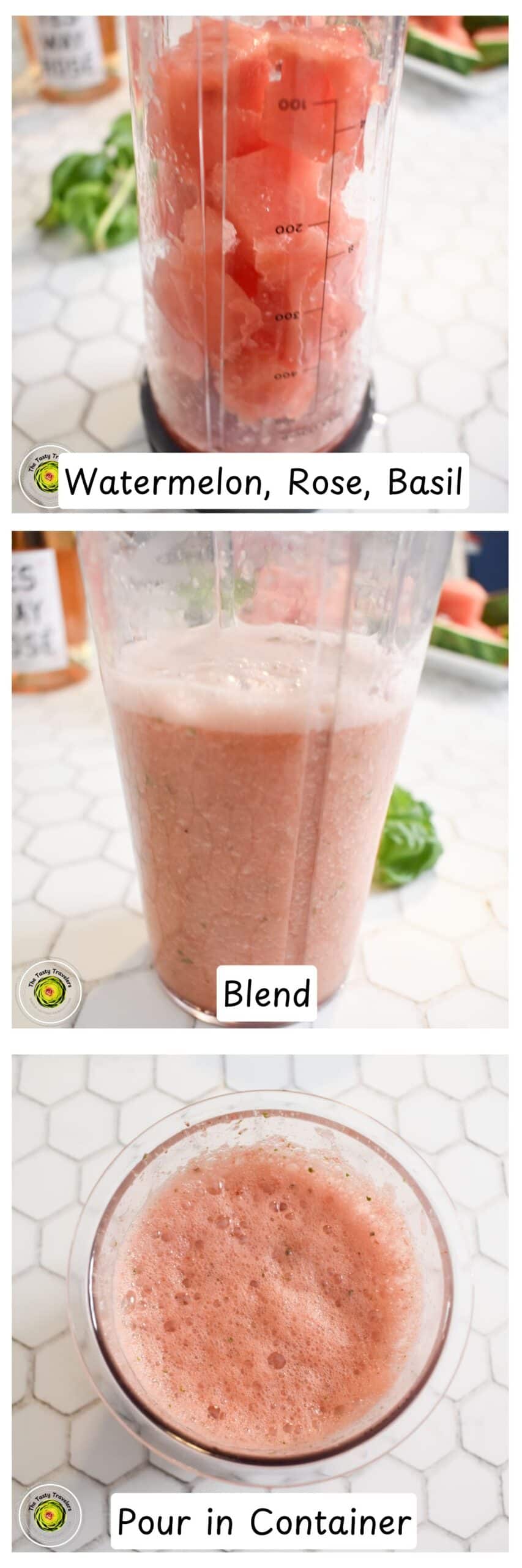 Step by step process for making the Ninja Creami watermelon basil frosé mixture