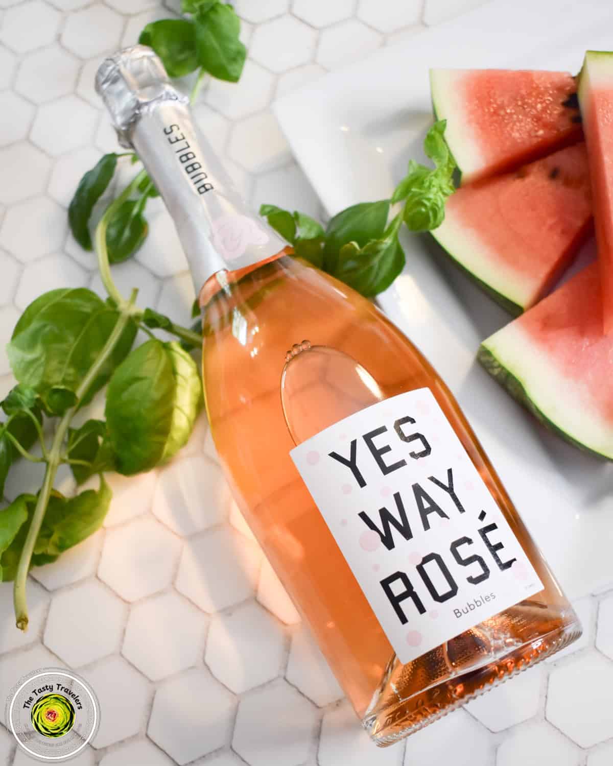Glass of Ninja Creami watermelon basil frosé garnished with watermelon