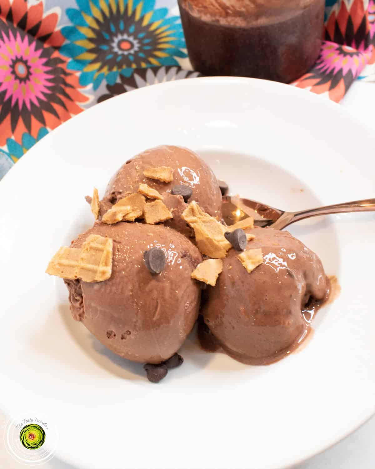 Ninja Creami Caramel Fudge Waffle Cone Protein Ice Cream in pint container showing thick creamy texture