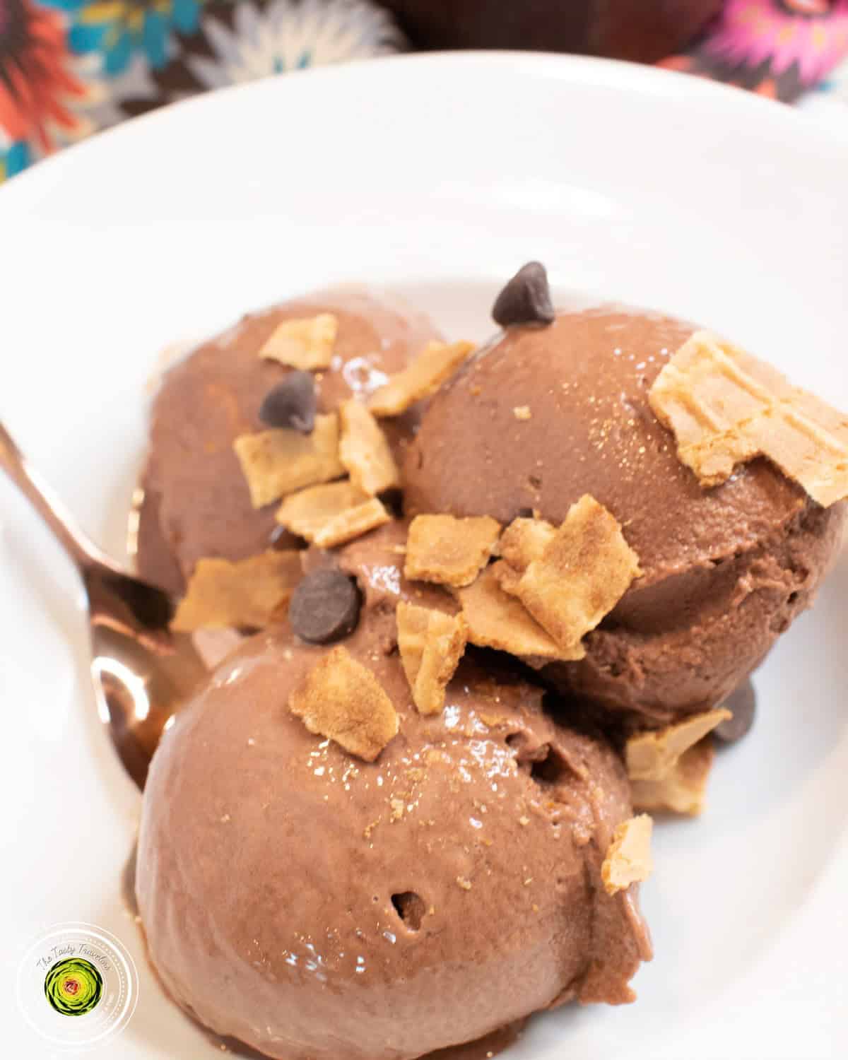 Ninja Creami Caramel Fudge Waffle Cone Protein Ice Cream with waffle cone pieces and caramel chip mix-ins