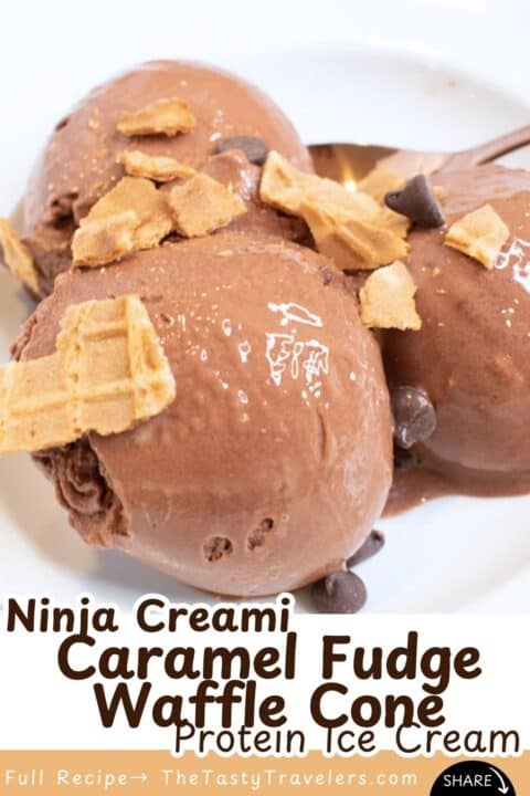 Delicious Ninja Creami caramel fudge ice cream served in a crispy waffle cone. Perfect treat for des.