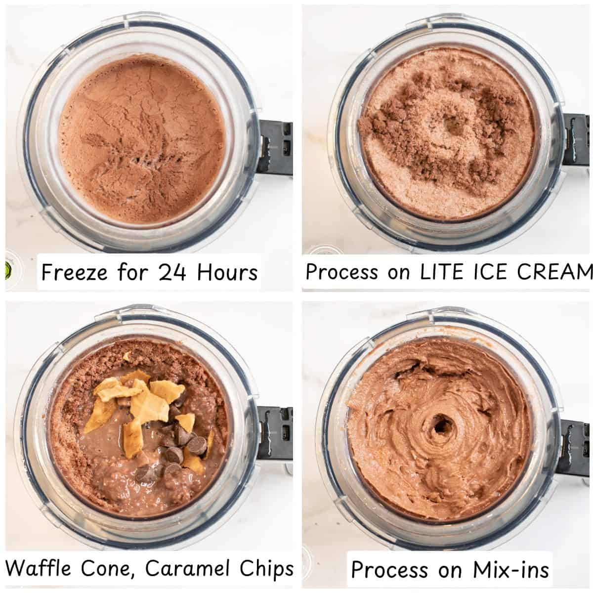 Steps for processing the Ninja Creami Caramel Fudge Waffle Cone Protein Ice Cream in the Ninja Creami machine