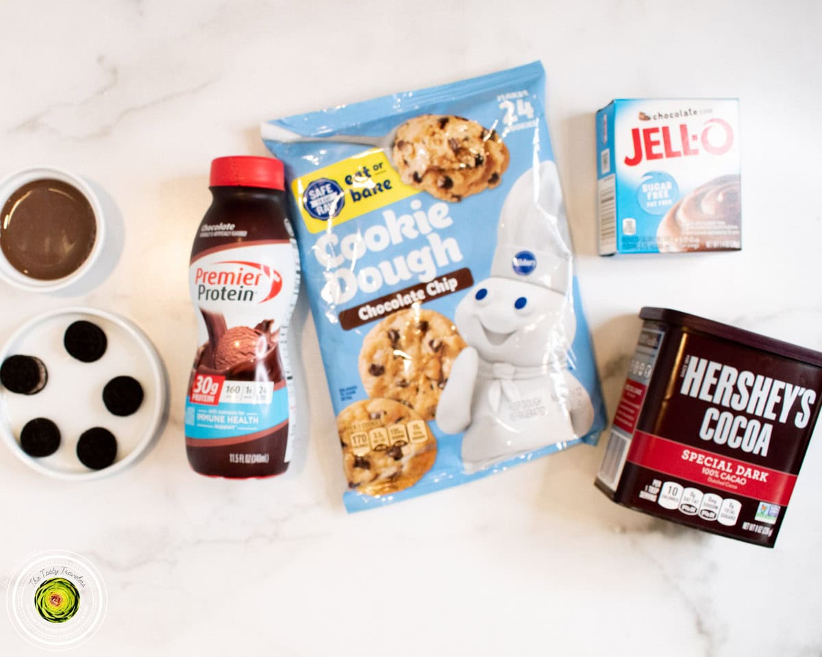 Ninja Creami Double Chocolate Cookie Protein Ice Cream ingredients flat lay