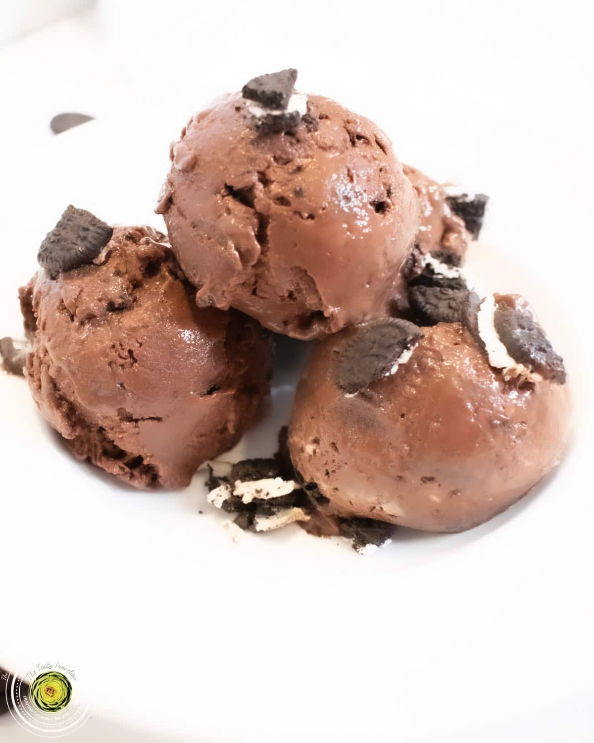 Ninja Creami Double Chocolate Cookie Protein Ice Cream showing mini Oreo pieces and cookie dough mix-ins