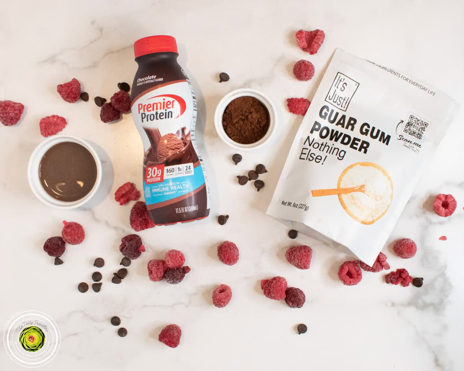 Ninja Creami Raspberry Chocolate Chunk Protein Ice Cream ingredients flat lay