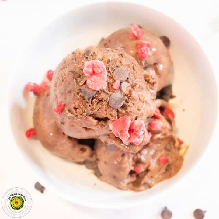 Creamy chocolate ice cream topped with red sprinkles and chocolate chips, served in a white bowl.