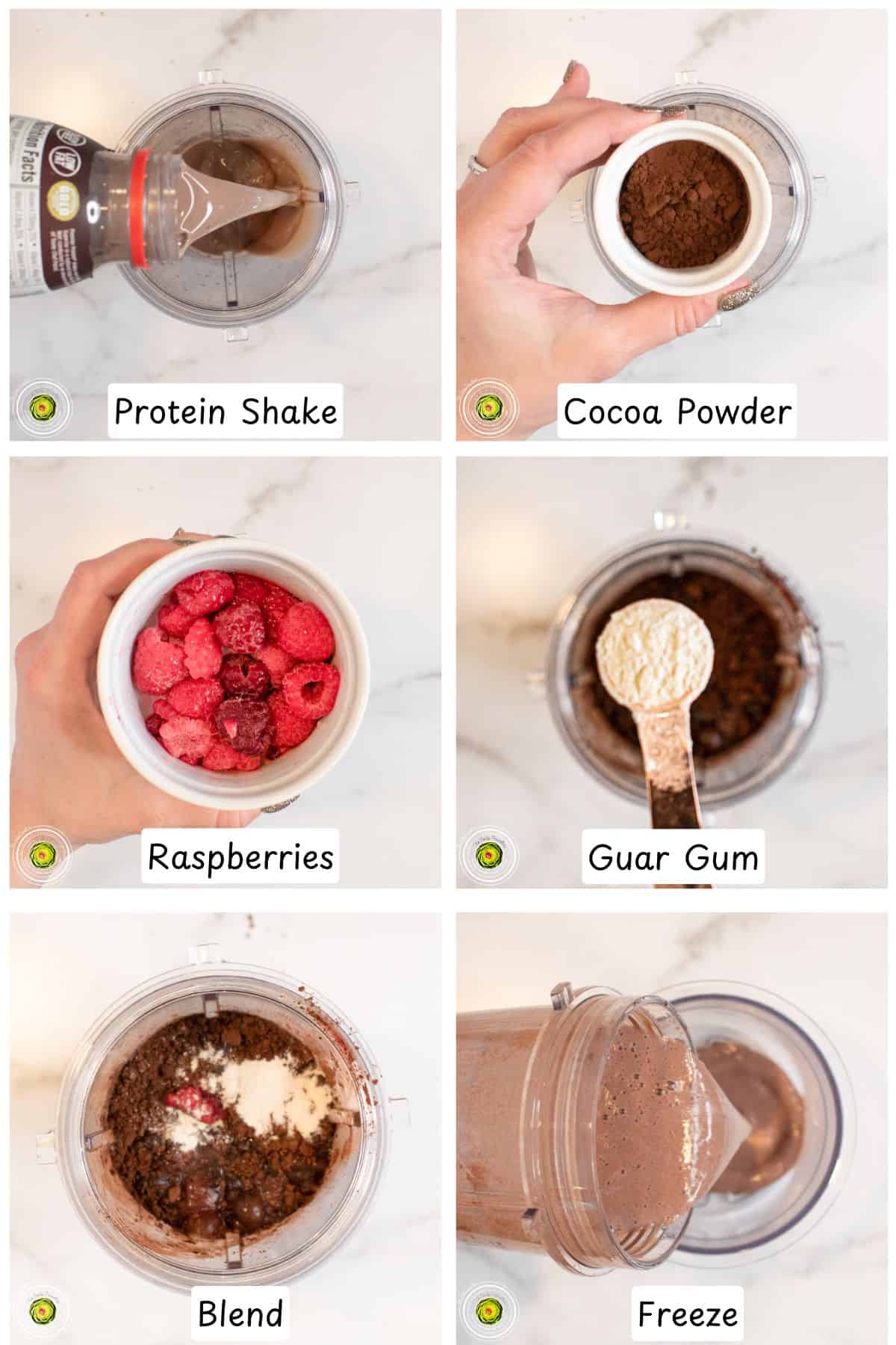 Steps for making the Ninja Creami Raspberry Chocolate Chunk Protein Ice Cream base mixture