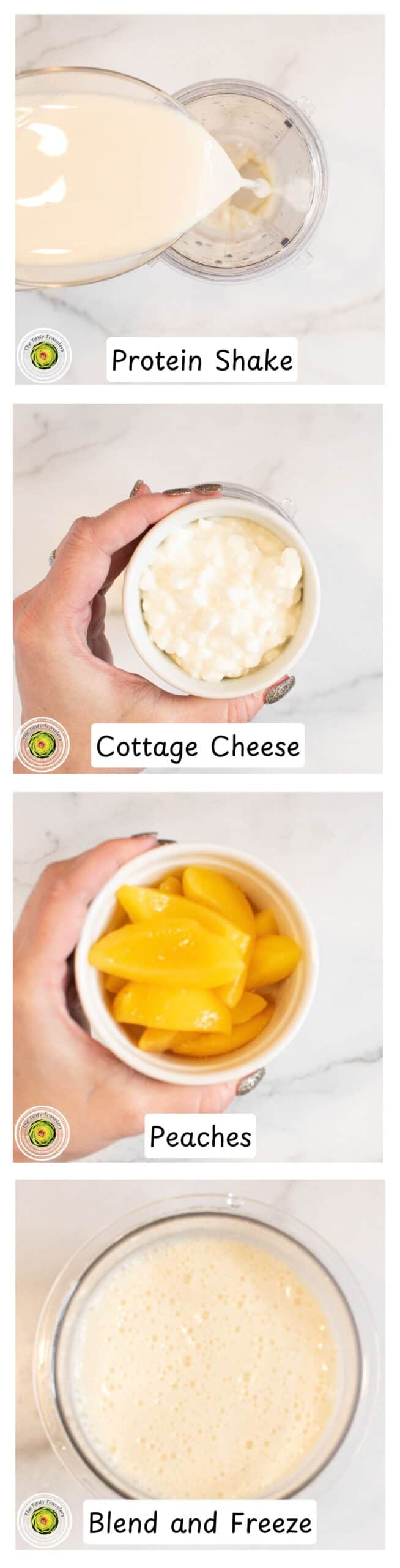 Step by step photos of making the Ninja Creami peach cobbler cottage cheese ice cream mixture