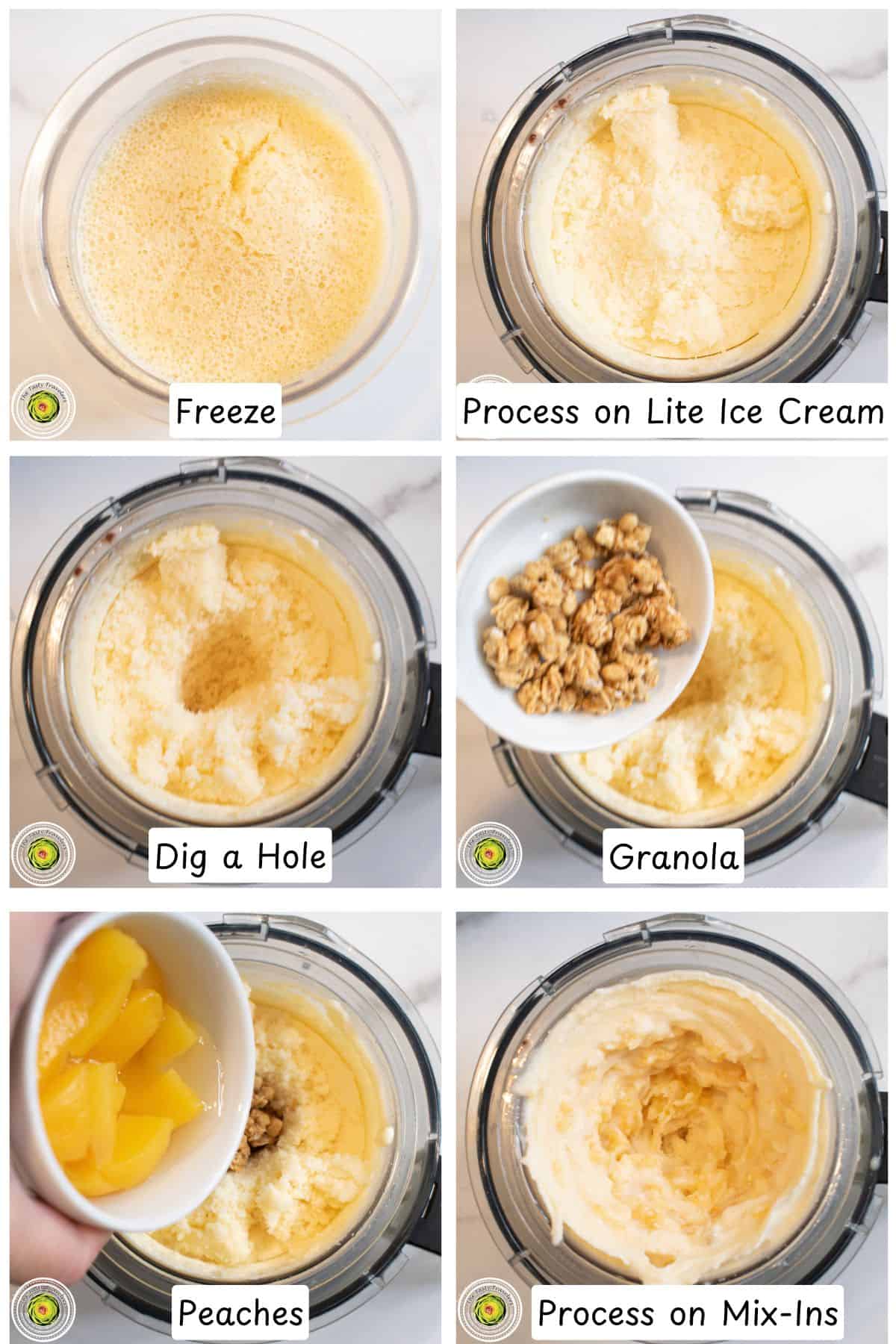 Step by step photos of processing the Ninja Creami peach cobbler cottage cheese ice cream