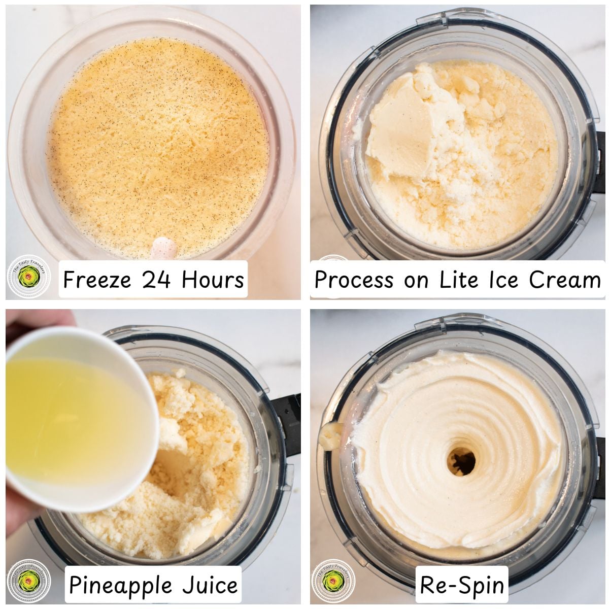 Step by step photos of processing the Ninja Creami pineapple dole whip