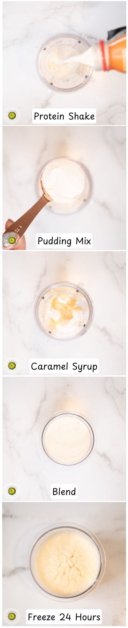 Step by step process for making the Ninja Creami caramel chocolate chip cheesecake protein ice cream mixture