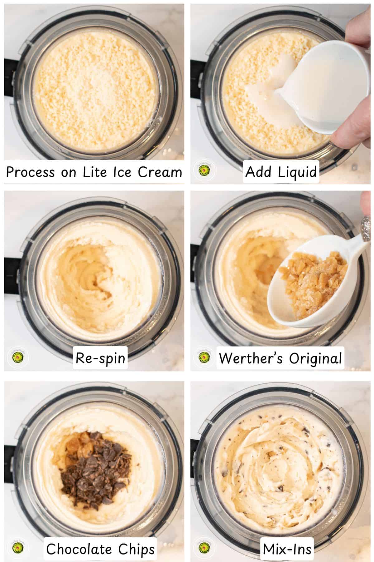 Processing the Ninja Creami caramel chocolate chip cheesecake protein ice cream and adding chocolate chip and Werther's mix-ins