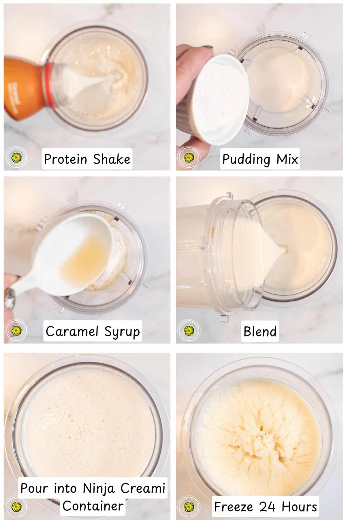 Step by step process for making the Ninja Creami caramel cookie supreme protein ice cream mixture