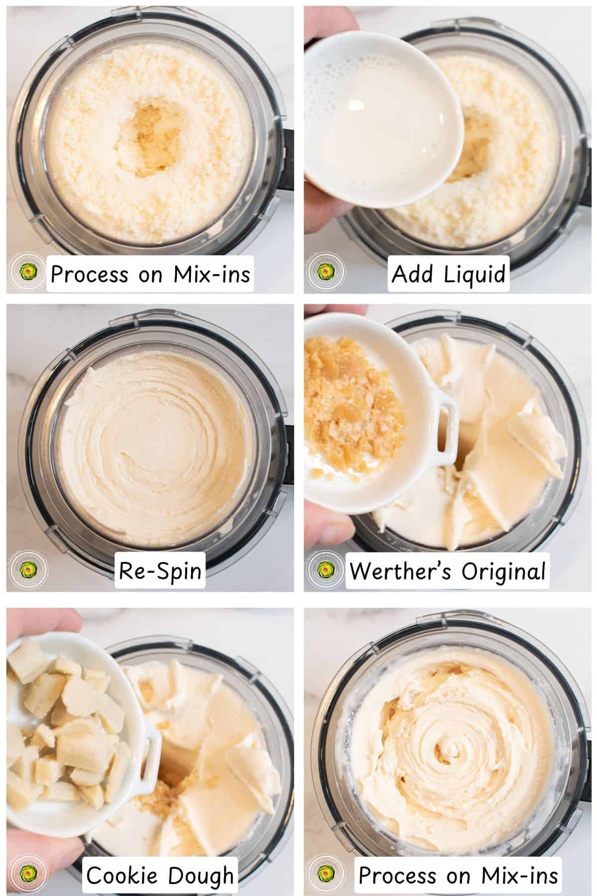 Processing the Ninja Creami caramel cookie supreme protein ice cream and adding sugar cookie dough and Werther's mix-ins