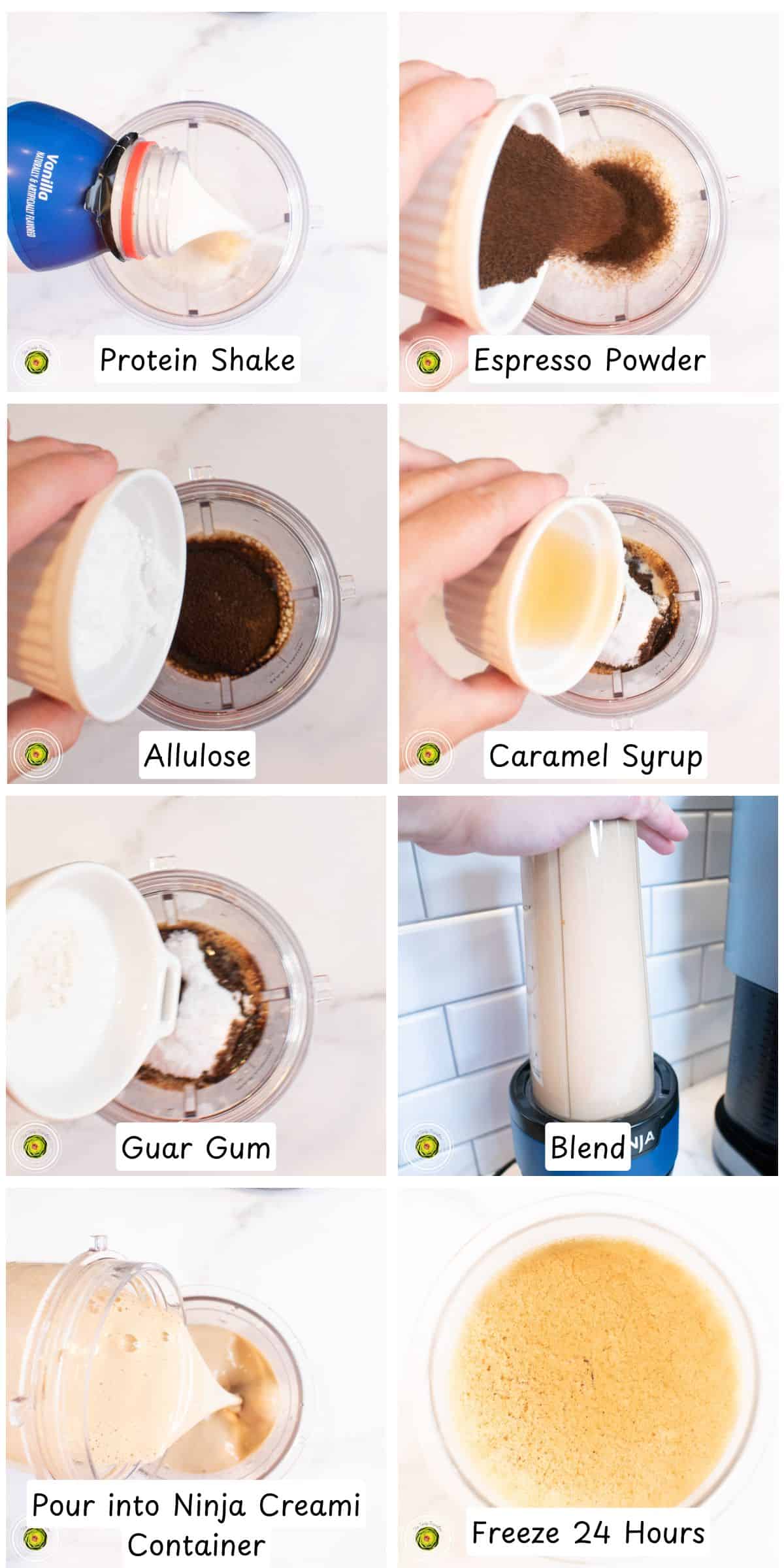 Step by step process for making the Ninja Creami toffee coffee protein ice cream mixture