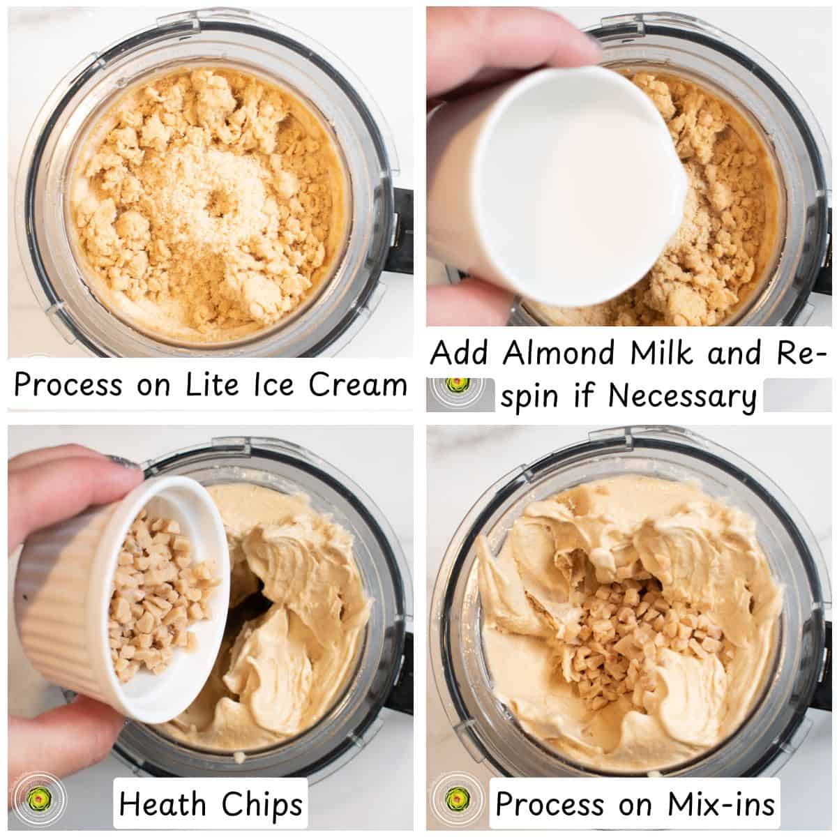 Processing the Ninja Creami toffee coffee protein ice cream and adding Heath chip mix-ins