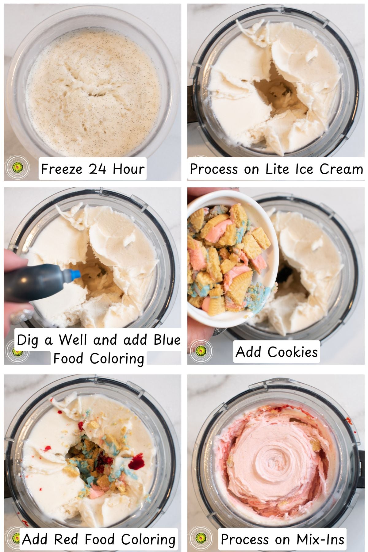 Processing the Ninja Creami cotton candy protein ice cream and adding food coloring and Cotton Candy Oreo mix-ins