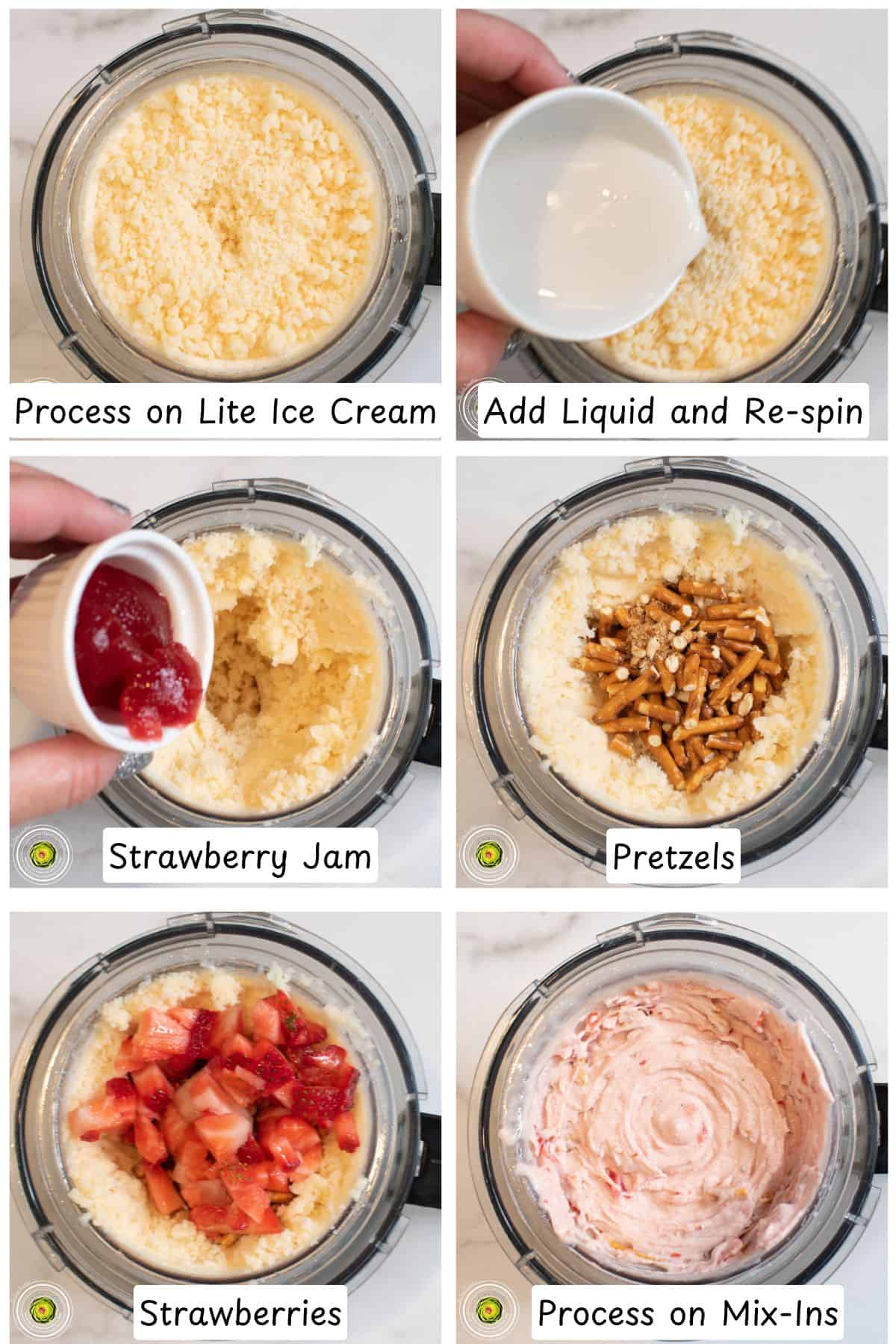 Processing the Ninja Creami strawberry pretzel pie protein ice cream and adding strawberry, pretzel, and jam mix-ins