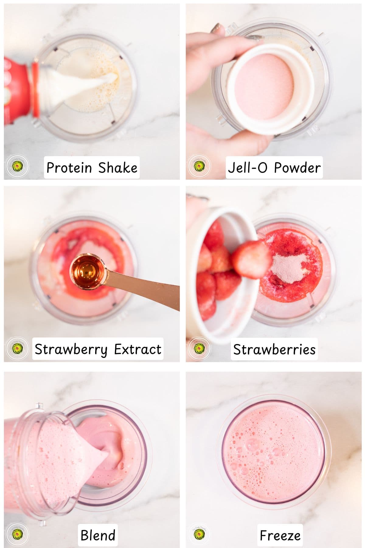 Step by step process for making the Ninja Creami super strawberry protein ice cream mixture