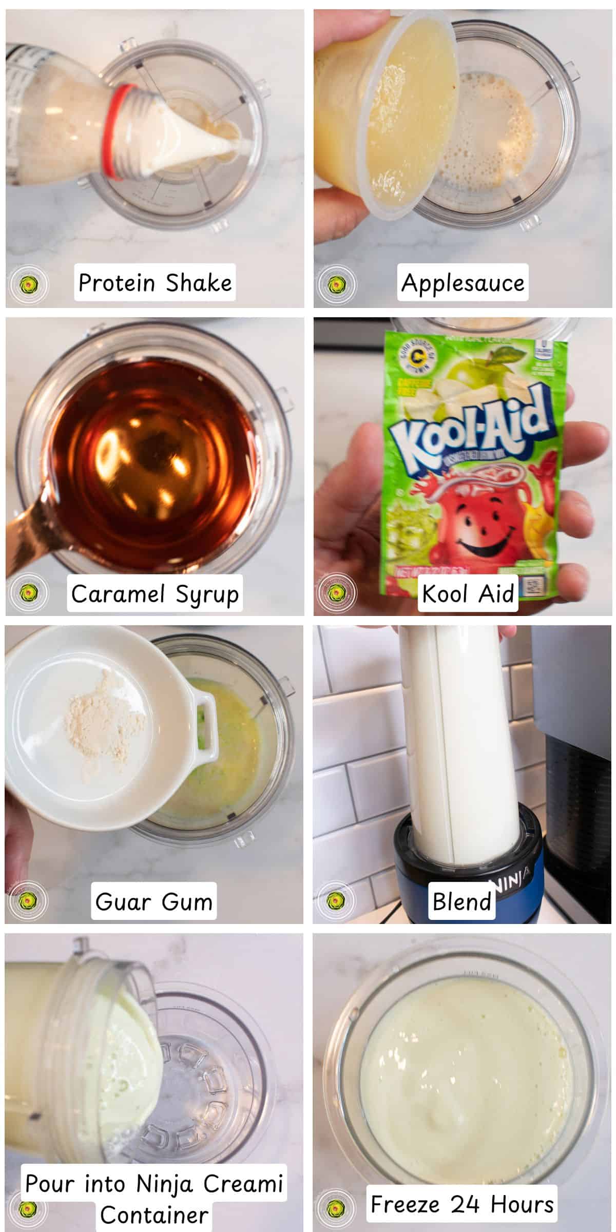 Step by step process for making the Ninja Creami taffy apple protein ice cream mixture