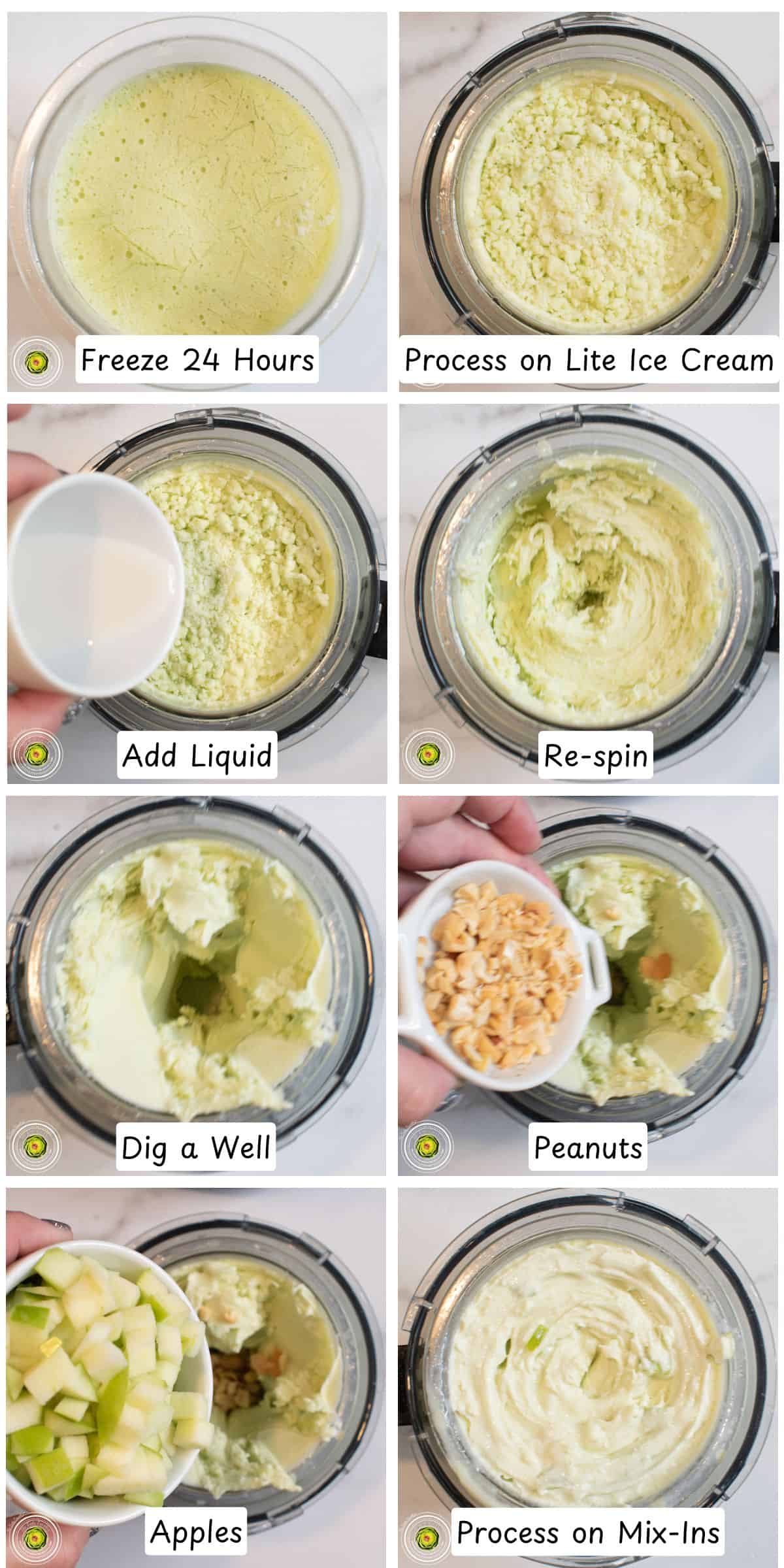 Processing the Ninja Creami taffy apple protein ice cream and adding peanut and green apple mix-ins