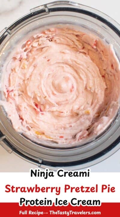Creamy strawberry pretzel pie filling in a glass bowl, ready for dessert.