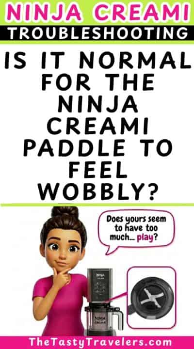 Ninja Creami troubleshooting guide with cartoon character and device image.