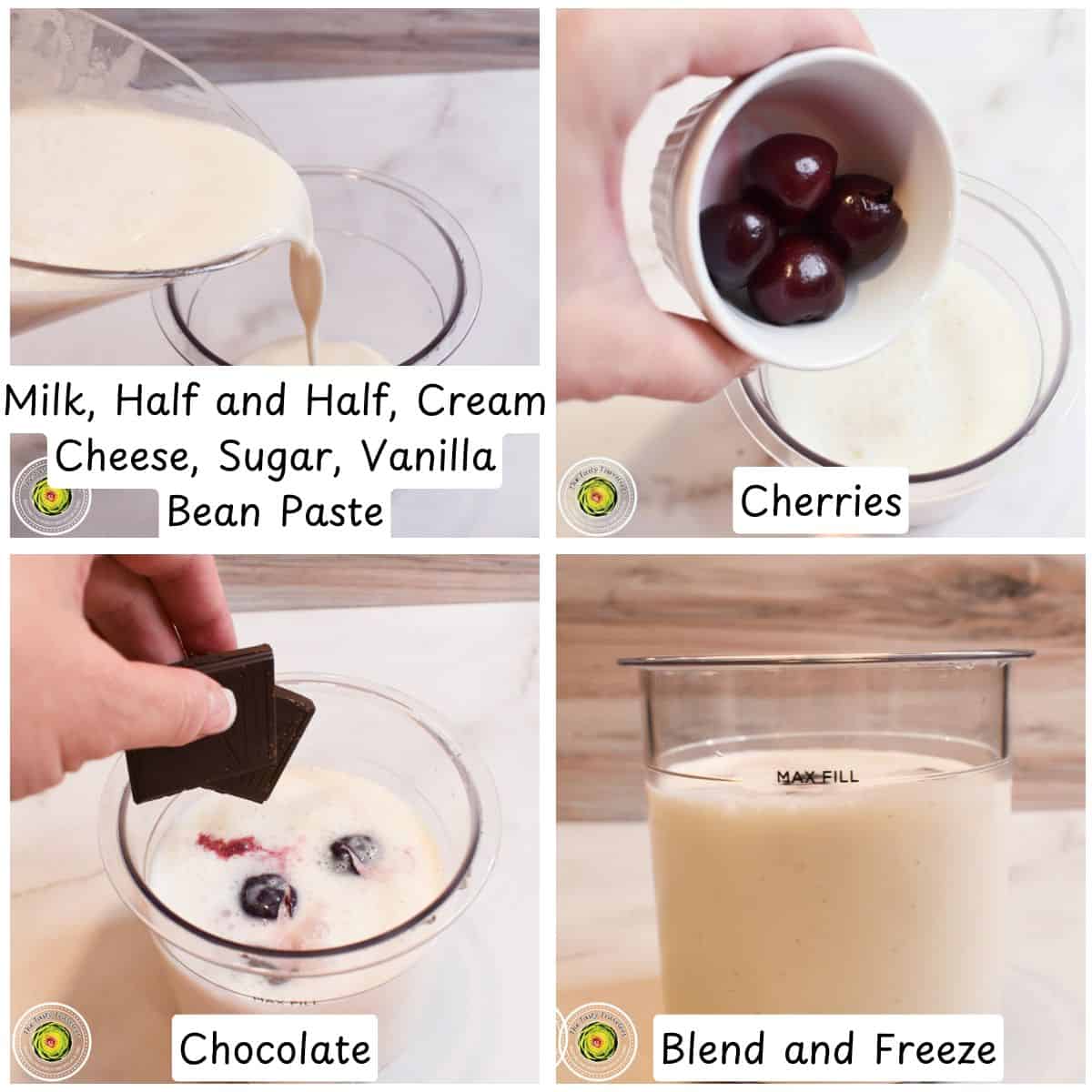 Step by step process for making the Ninja Creami black cherry chocolate chunk ice cream mixture
