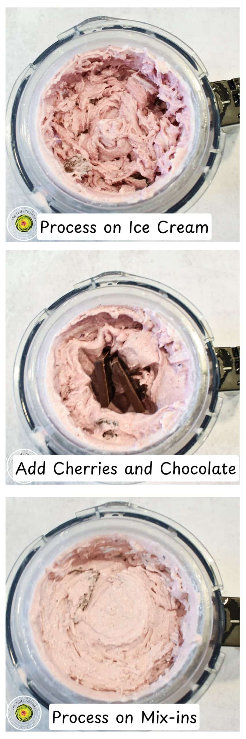 Processing the Ninja Creami black cherry chocolate chunk ice cream and adding cherry and chocolate mix-ins