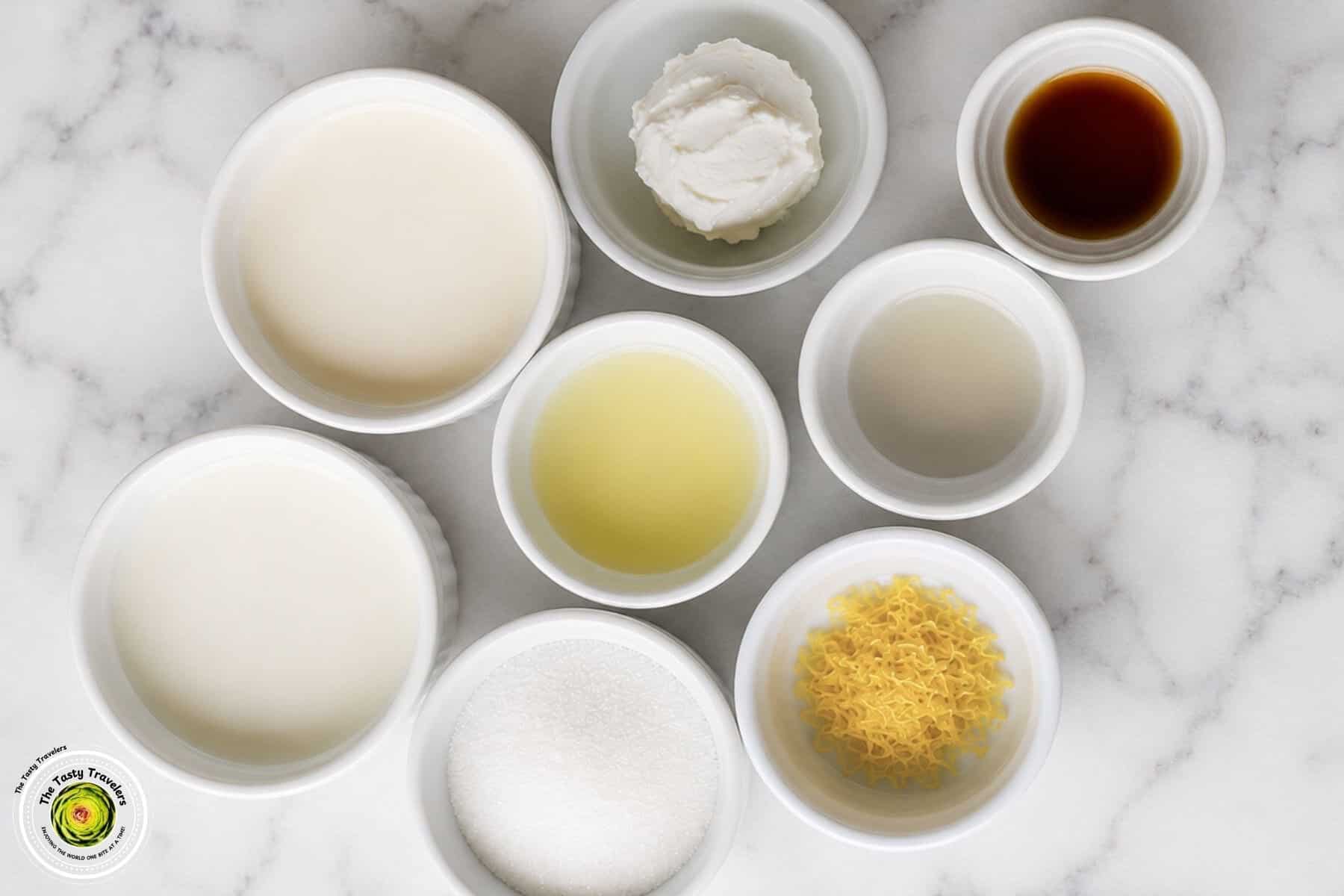 Ingredients for Ninja Creami lemon ice cream including milk, half and half, sugar, fresh lemons, lemon zest, lemon extract, and cream cheese