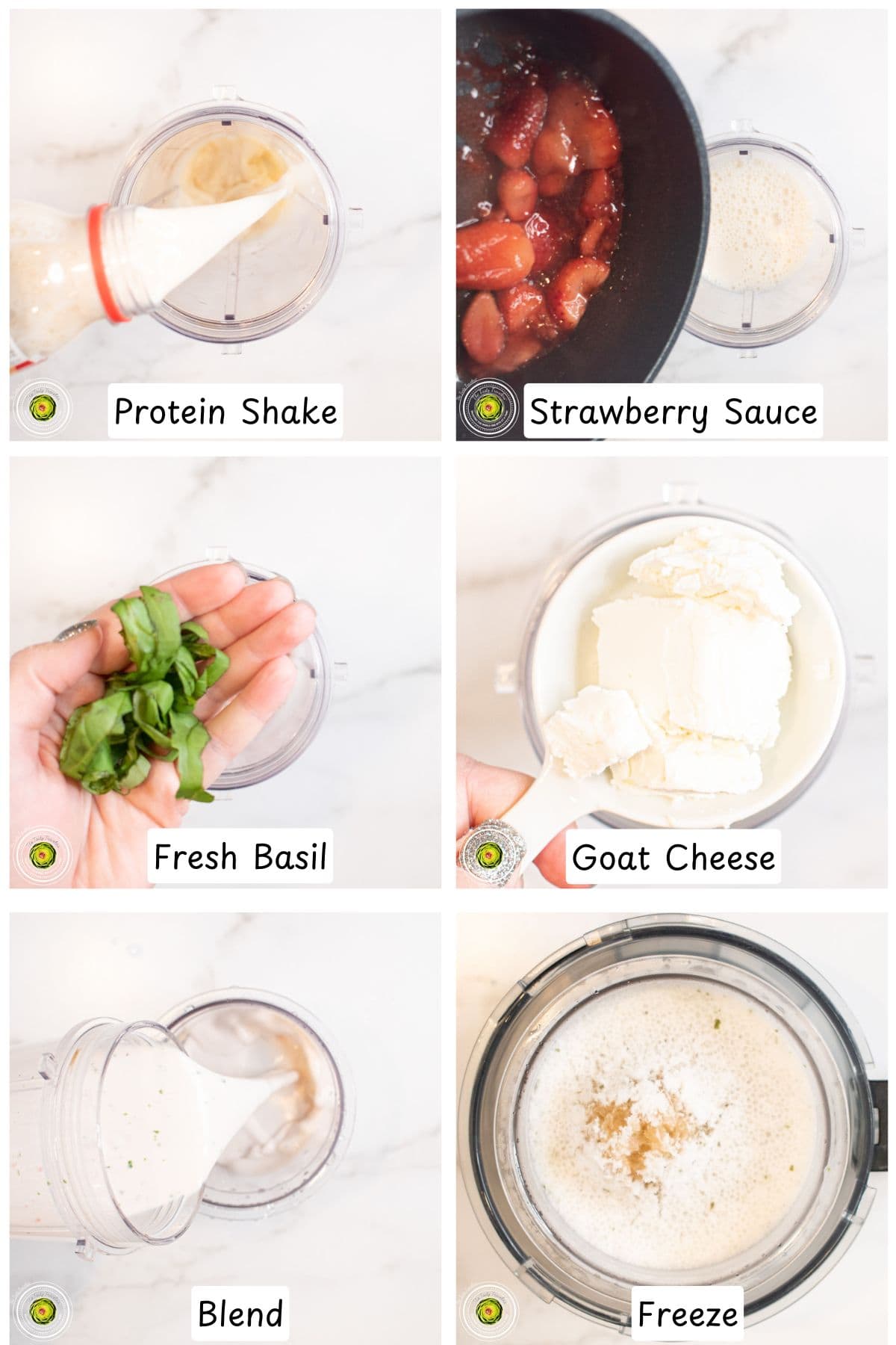 Step by step process for making the Ninja Creami strawberry basil goat cheese protein ice cream mixture