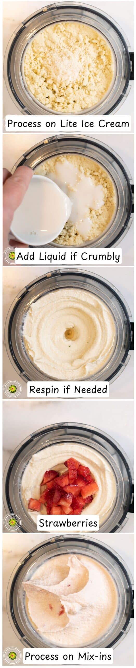 Processing the Ninja Creami strawberry basil goat cheese protein ice cream and adding strawberry mix-ins