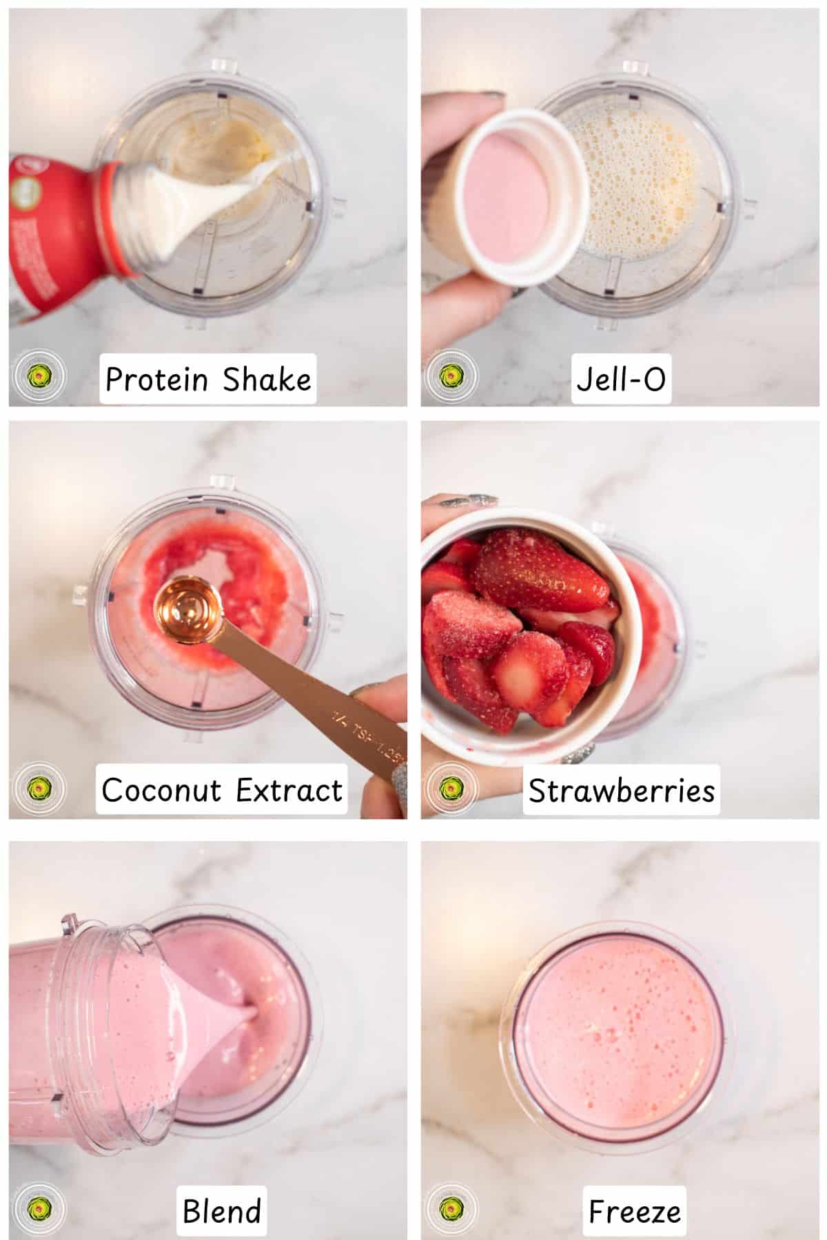 Step by step process for making the Ninja Creami strawberry coco-nut protein ice cream mixture
